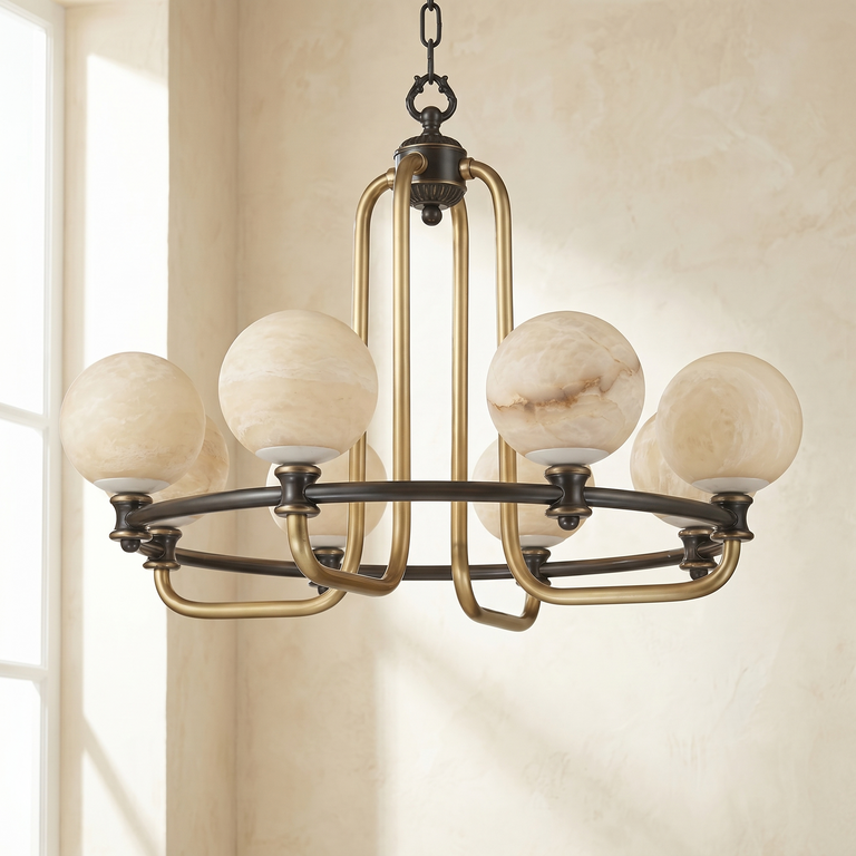 Brass Classic Alabaster Pendant Light by Dalmivik, complete fixture view