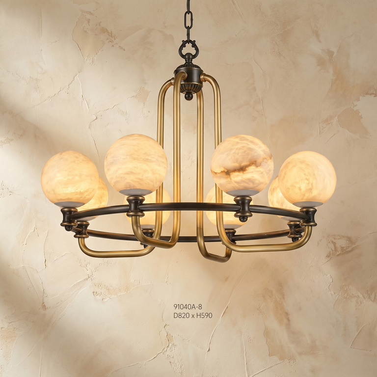 Brass Classic Alabaster Pendant Light by Dalmivik, complete fixture view