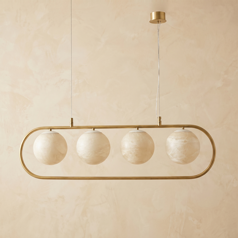 Brass Linear Orb Alabaster Pendant Light by Dalmivik, complete fixture view