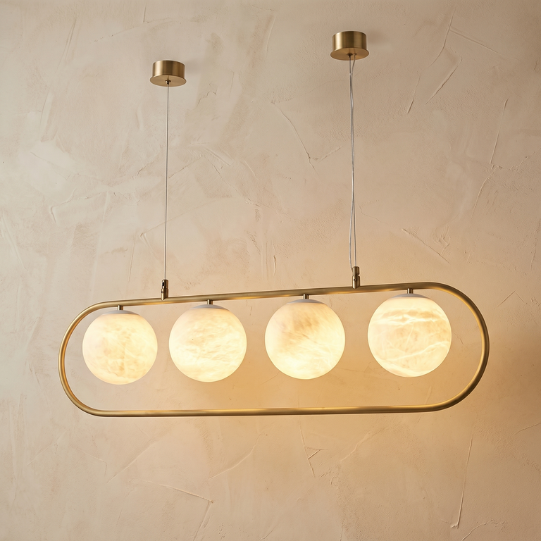 Brass Linear Orb Alabaster Pendant Light by Dalmivik, complete fixture view