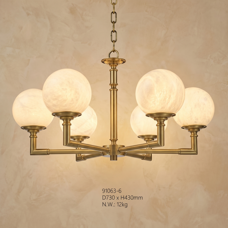Brass Orb Classic Alabaster Pendant Light by Dalmivik, complete fixture view