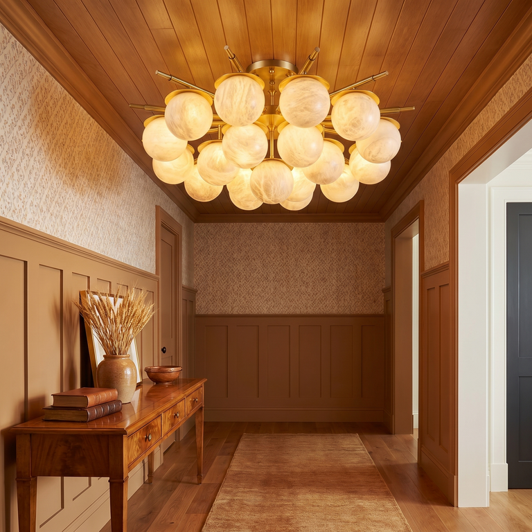 Brass Orb Cluster Ceiling Alabaster by Dalmivik, complete fixture view