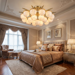 Brass Orb Cluster Ceiling Alabaster by Dalmivik, complete fixture view