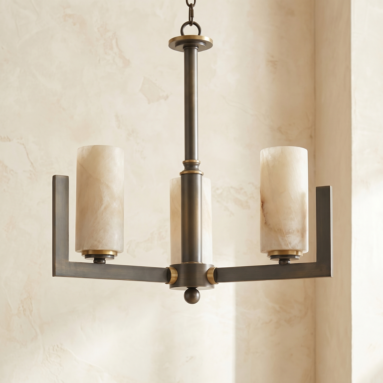 Cylinder 3-arm Alabaster Pendant Light by Dalmivik, complete fixture view