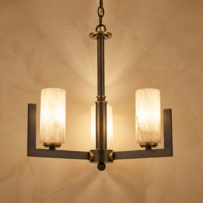 Cylinder 3-arm Alabaster Pendant Light by Dalmivik, complete fixture view