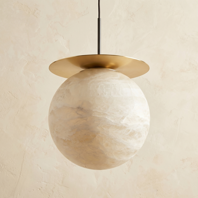 Disc + Orb Pendant Alabaster by Dalmivik, complete fixture view