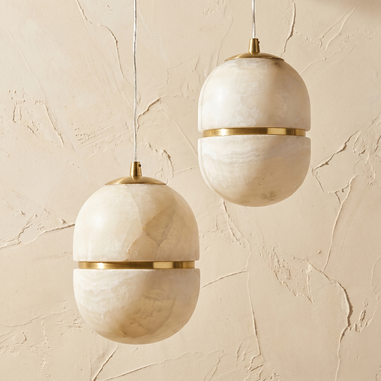 Double Orb Pendant Alabaster by Dalmivik, complete fixture view