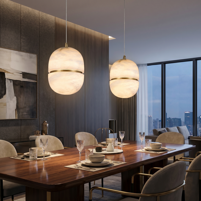 Double Orb Pendant Alabaster by Dalmivik, complete fixture view