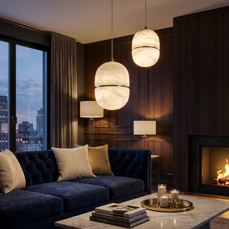 Double Orb Pendant Alabaster by Dalmivik, product or room detail view