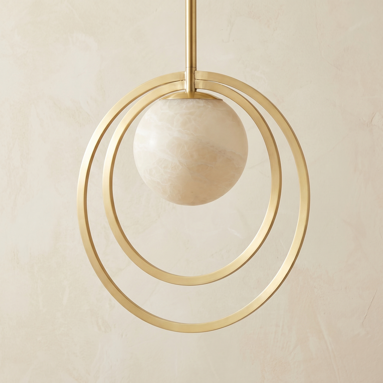 Double Ring + Orb Alabaster Pendant Light by Dalmivik, complete fixture view
