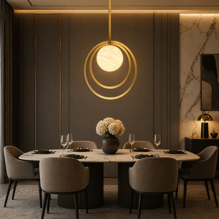 Double Ring + Orb Alabaster Pendant Light by Dalmivik, product or room detail view