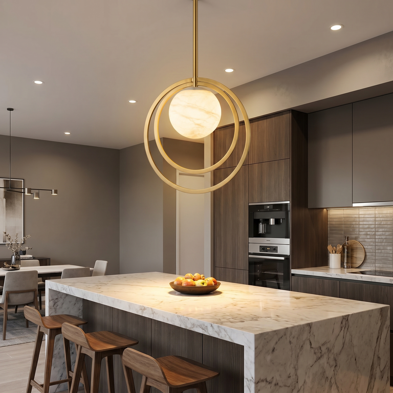 Double Ring + Orb Alabaster Pendant Light by Dalmivik, product or room detail view