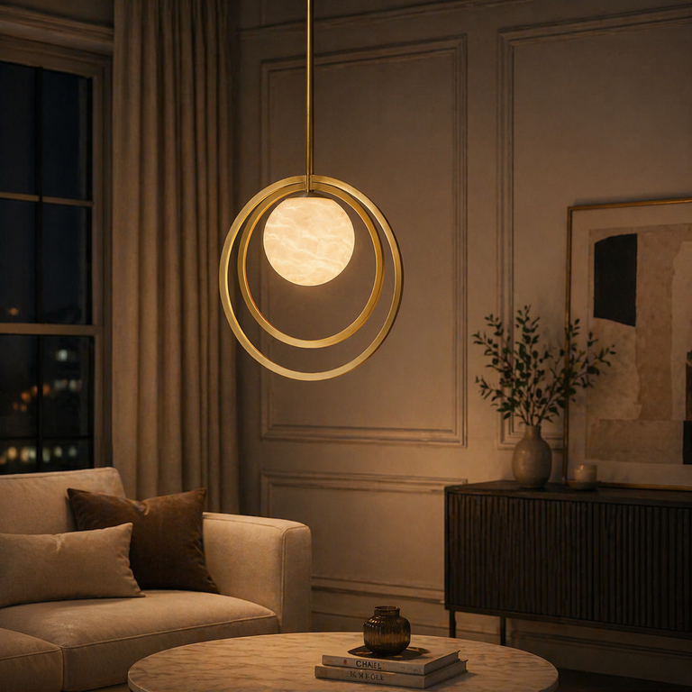 Double Ring + Orb Alabaster Pendant Light by Dalmivik, product or room detail view