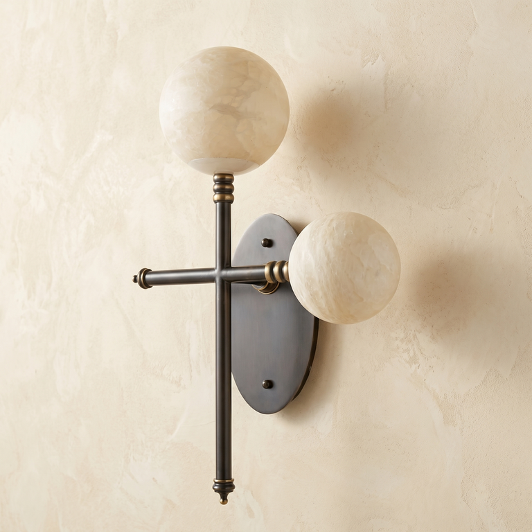 Duo Orb T-Cross Wall Alabaster by Dalmivik, complete fixture view