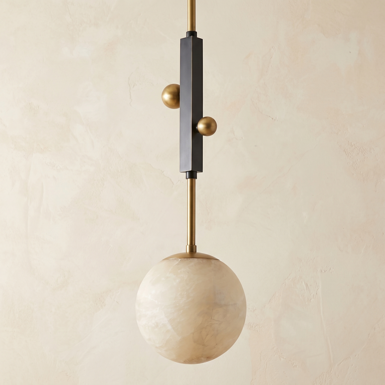 Framed Orb Pendant Alabaster by Dalmivik, complete fixture view