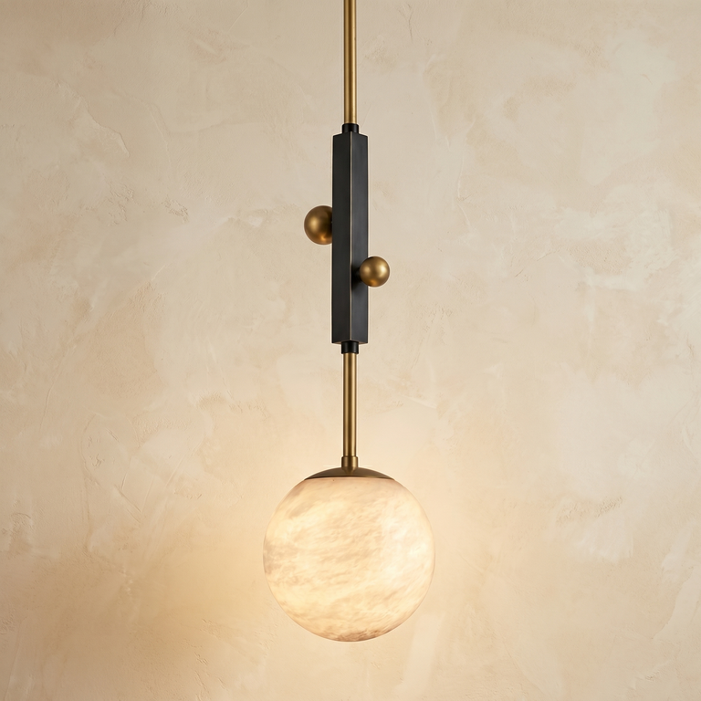 Framed Orb Pendant Alabaster by Dalmivik, complete fixture view