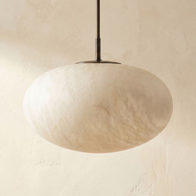 Oval Disc Pendant Alabaster by Dalmivik, complete fixture view