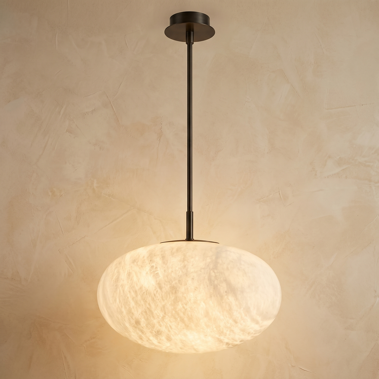 Oval Disc Pendant Alabaster by Dalmivik, complete fixture view