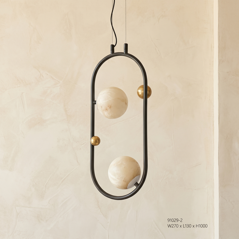Oval Frame Duo Classic Alabaster Pendant Light by Dalmivik, complete fixture view