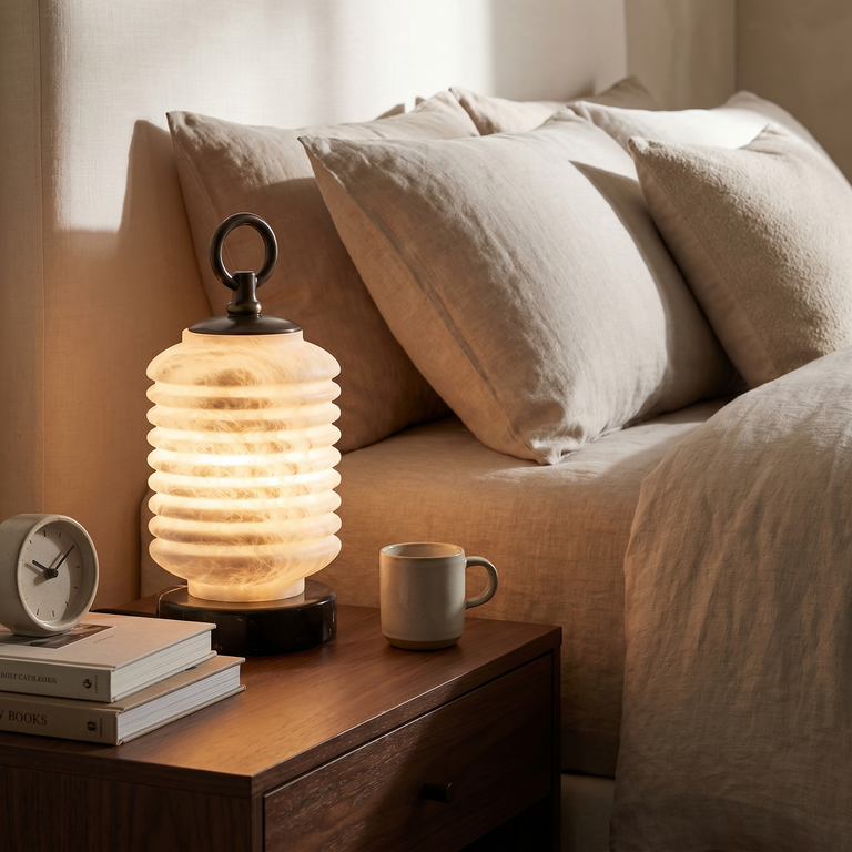Ridged Lantern Table Alabaster by Dalmivik, product or room detail view
