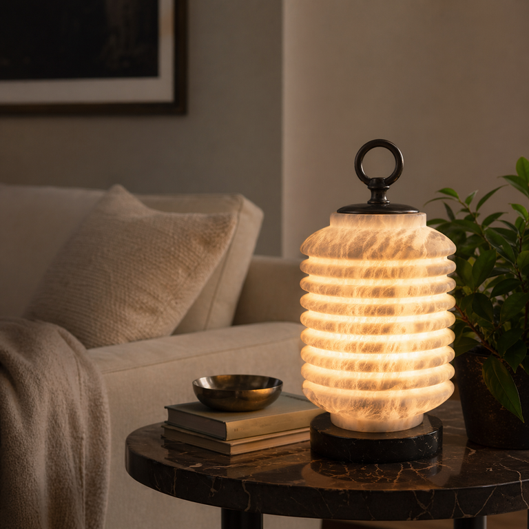 Ridged Lantern Table Alabaster by Dalmivik, product or room detail view