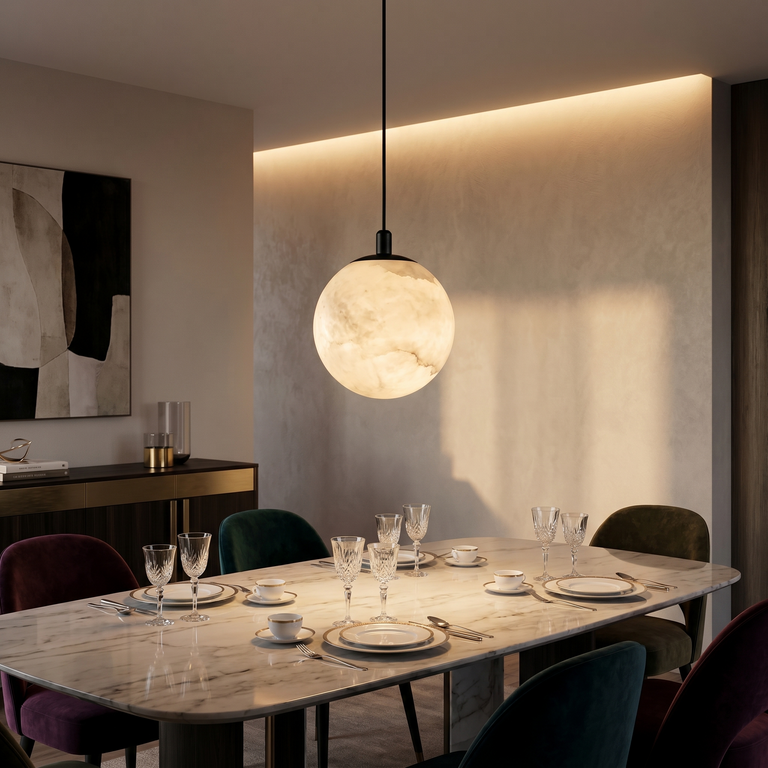Small Orb Pendant Alabaster by Dalmivik, product or room detail view