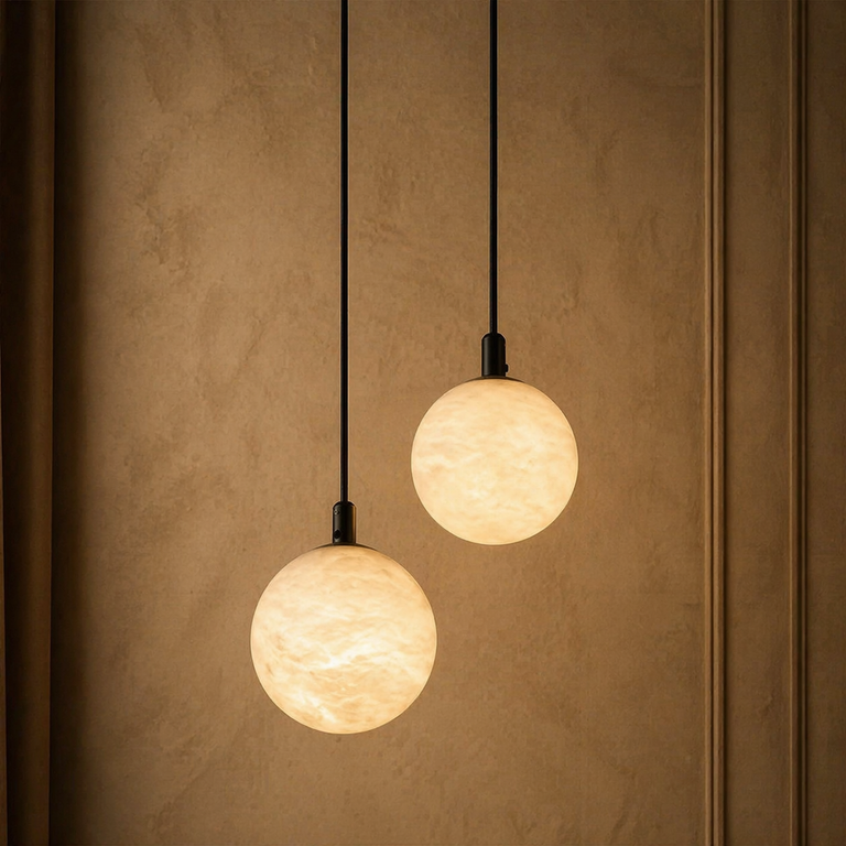 Small Orb Pendant Alabaster by Dalmivik, product or room detail view