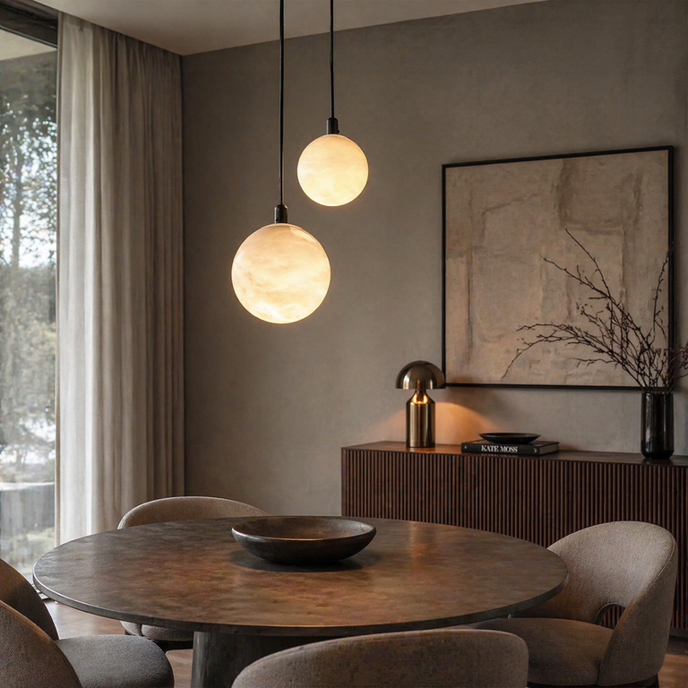 Small Orb Pendant Alabaster by Dalmivik, product or room detail view