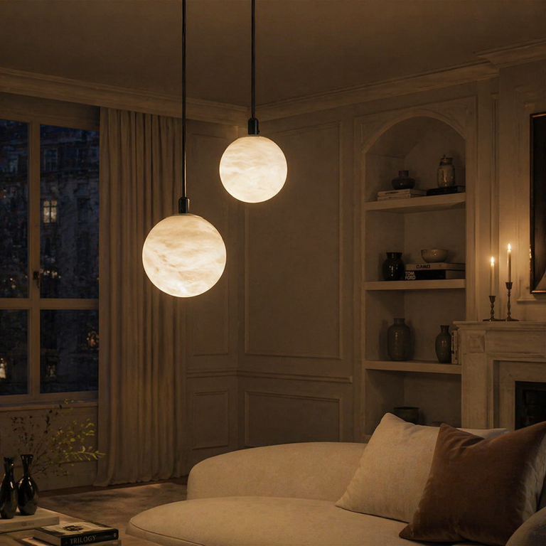 Small Orb Pendant Alabaster by Dalmivik, product or room detail view