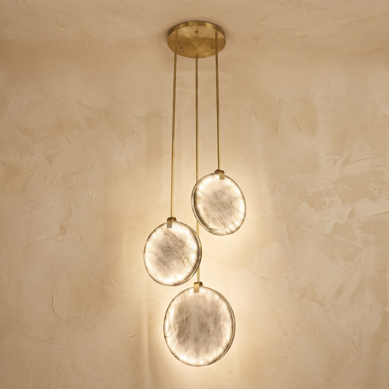 Triple Disc Pendant Alabaster by Dalmivik, complete fixture view