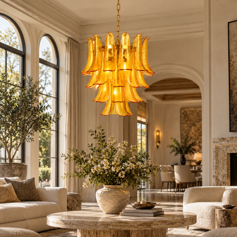 Tiered amber chandelier above a round table in a neutral living room.