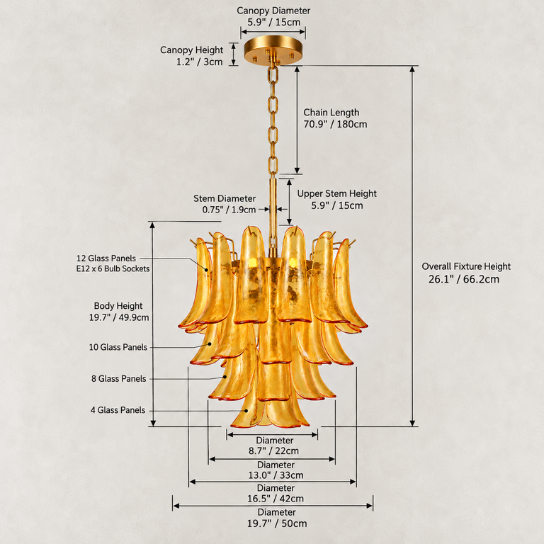 Dimension drawing of the tiered amber chandelier and its ceiling canopy.
