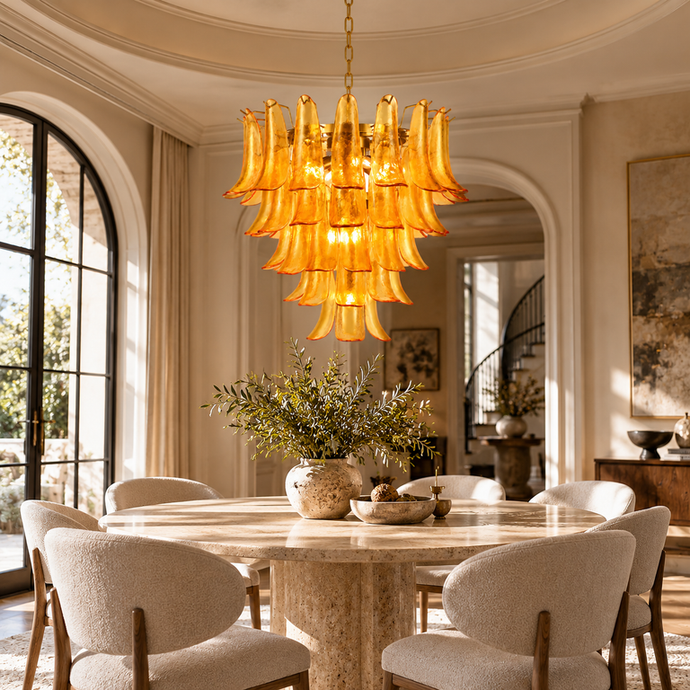 Tiered amber chandelier above a dining table in a neutral interior.