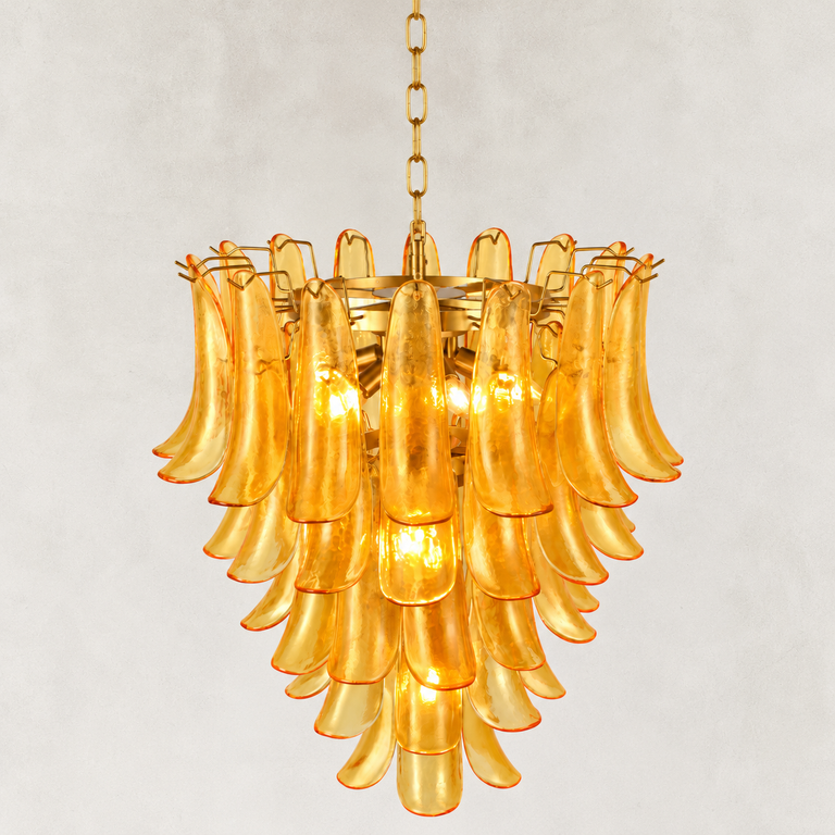 Angled view of the amber panels and gold-tone support ring.