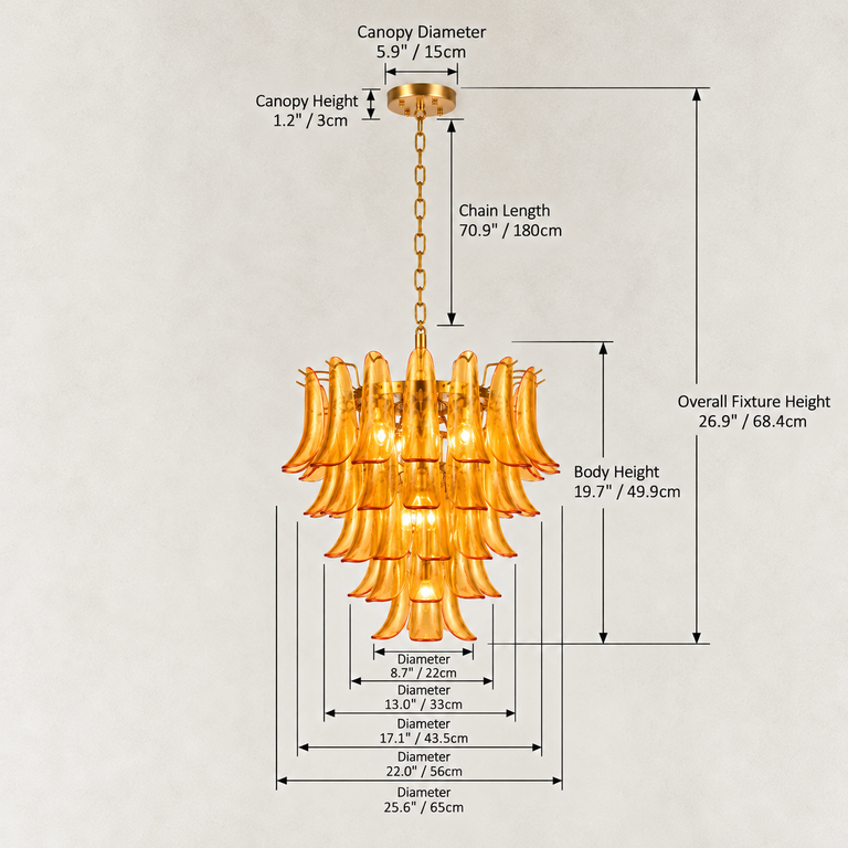 Dimension drawing of the amber chandelier with canopy, chain and tier measurements.