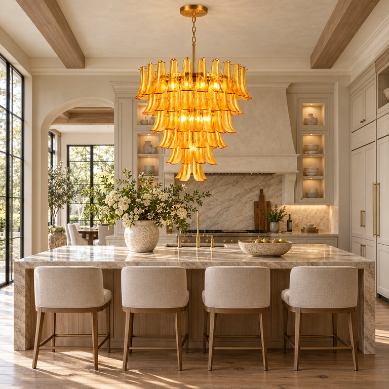 Tiered amber chandelier above a kitchen island in a bright neutral interior.
