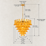 Dimension drawing of the large tiered amber chandelier and its suspension.