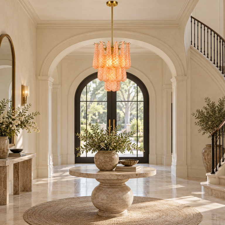 Textured amber chandelier in a neutral entryway.