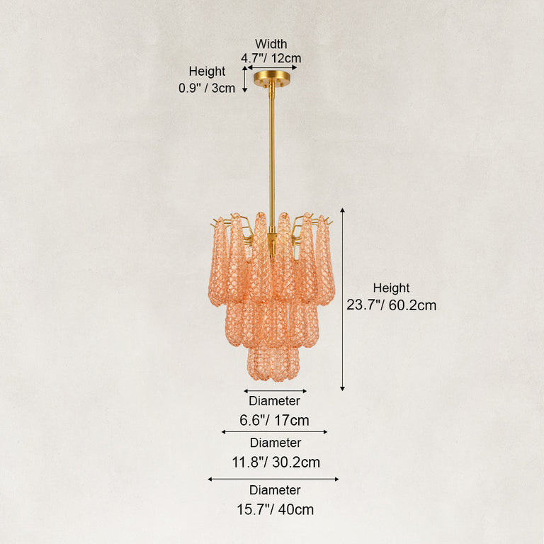 Dimension drawing of the textured amber chandelier and its ceiling canopy.