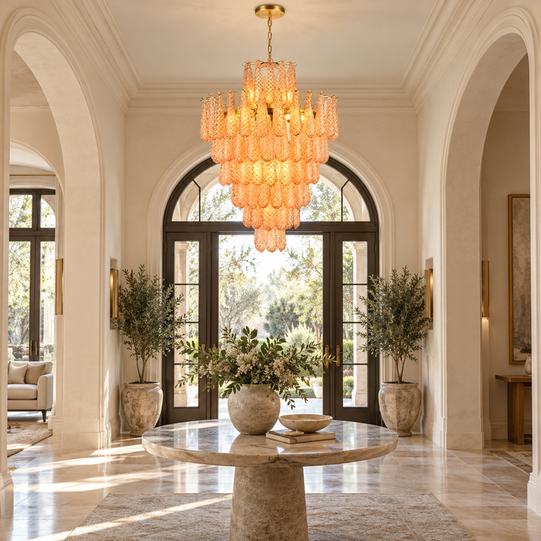 Tiered amber chandelier above a round table in an arched entryway.