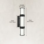 Dimension diagram of the cylindrical wall sconce and rectangular backplate.