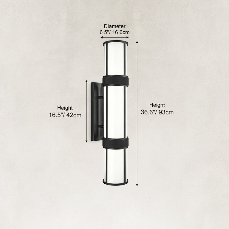 Dimension diagram of the cylindrical wall sconce and rectangular backplate.