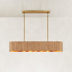Linear ribbed wood chandelier with a gold-tone interior and two suspension rods.