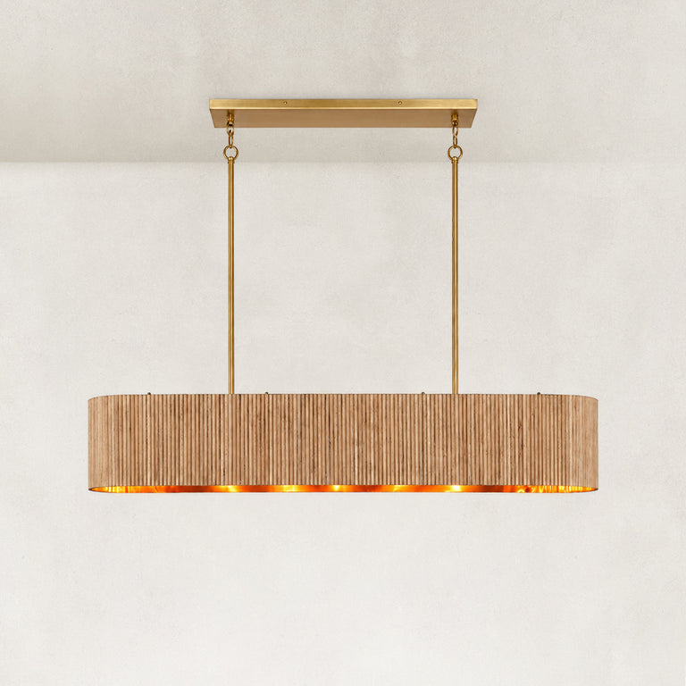 Linear ribbed wood chandelier with a gold-tone interior and two suspension rods.