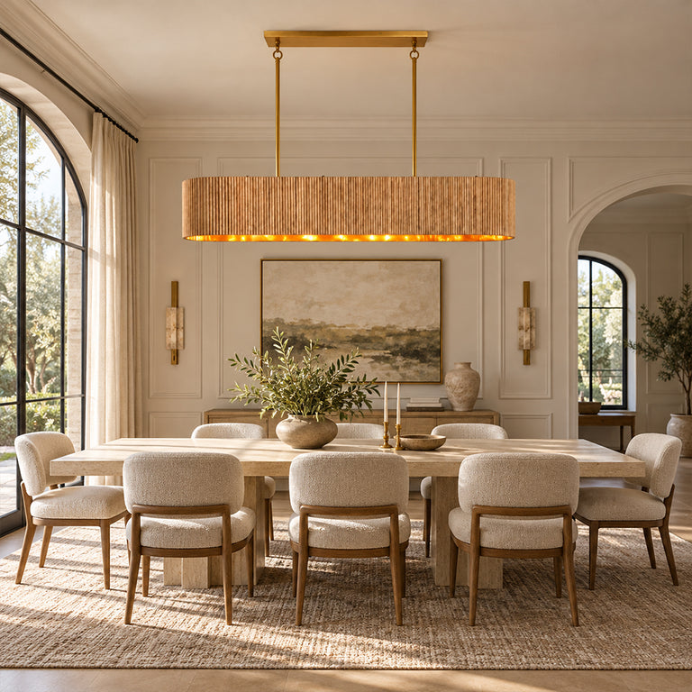 Linear ribbed wood chandelier above a rectangular dining table.