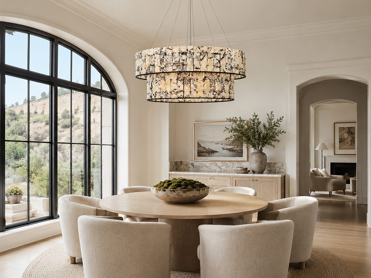 Large statement chandelier scaled for a bright open living room