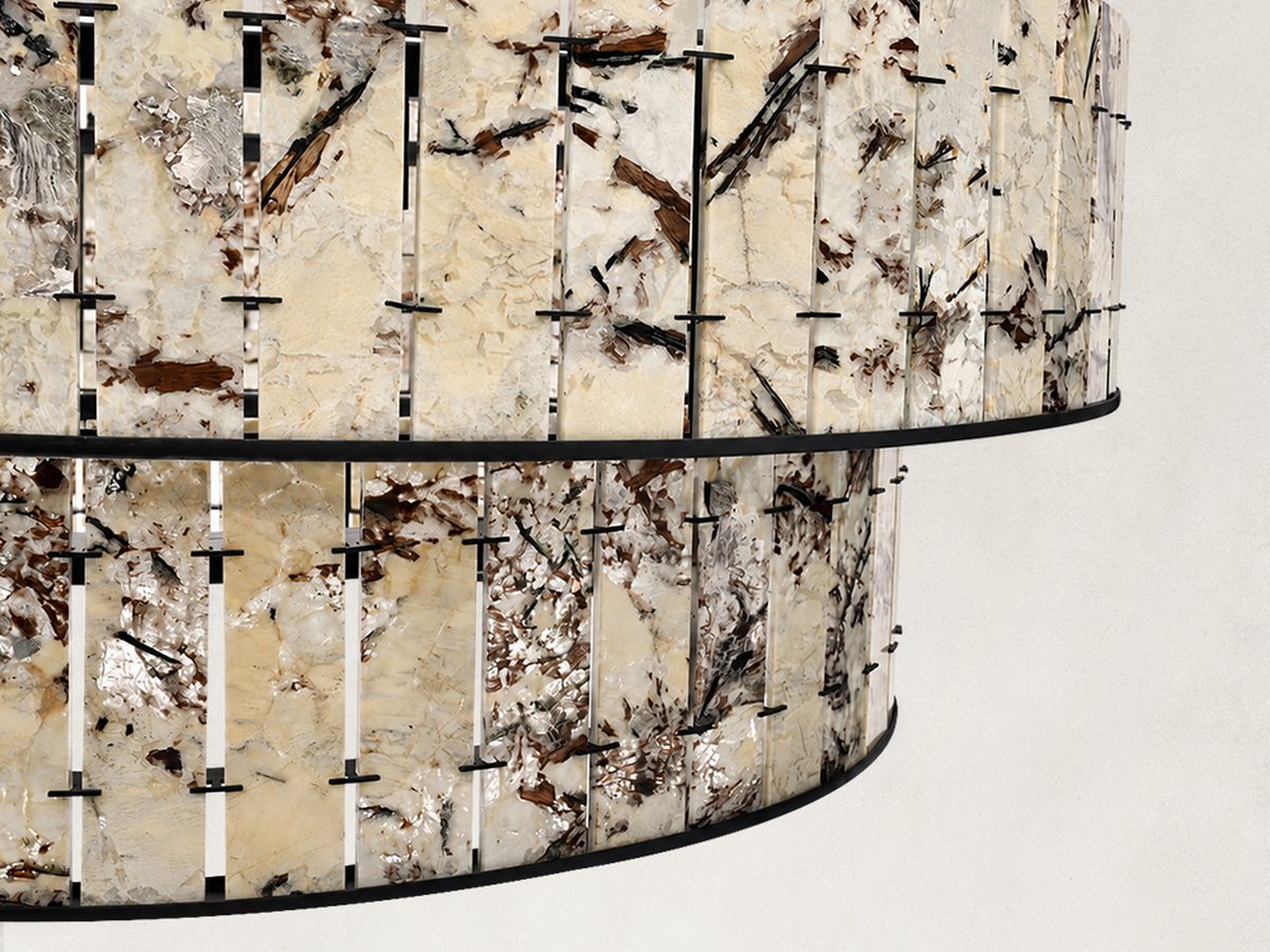 Close material view of a stone chandelier with refined metal structure