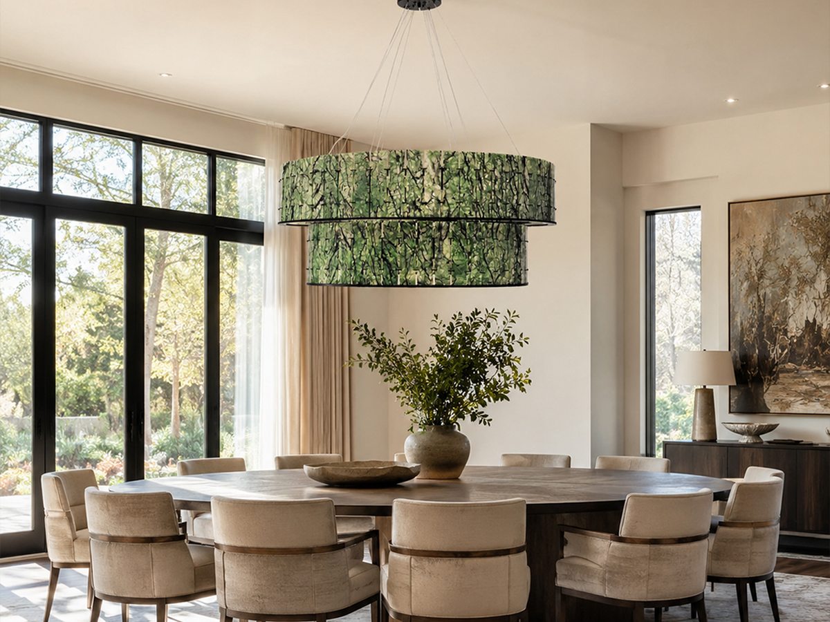 Green stone chandelier adding material depth above a dining table