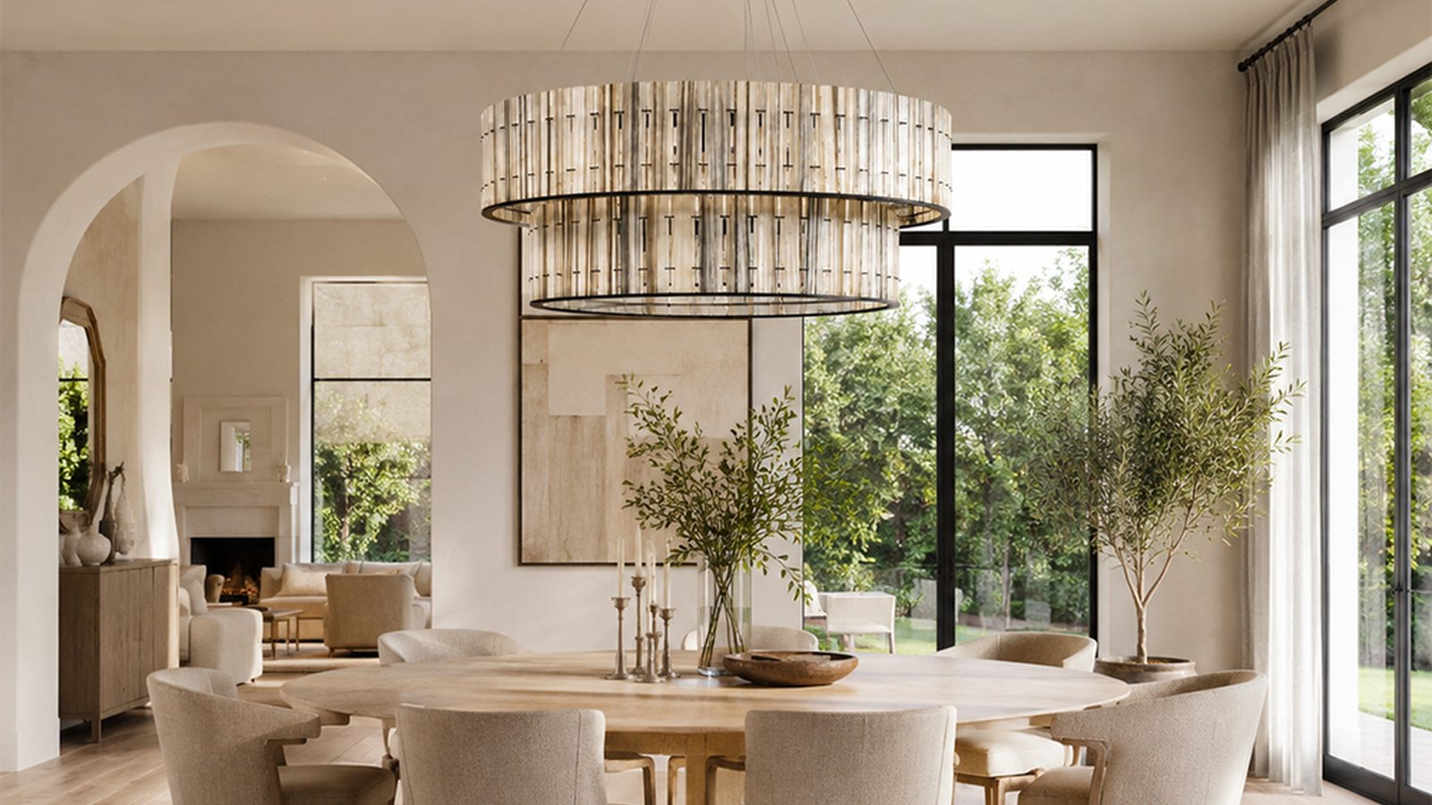 Modern chandelier specified for a refined dining room project
