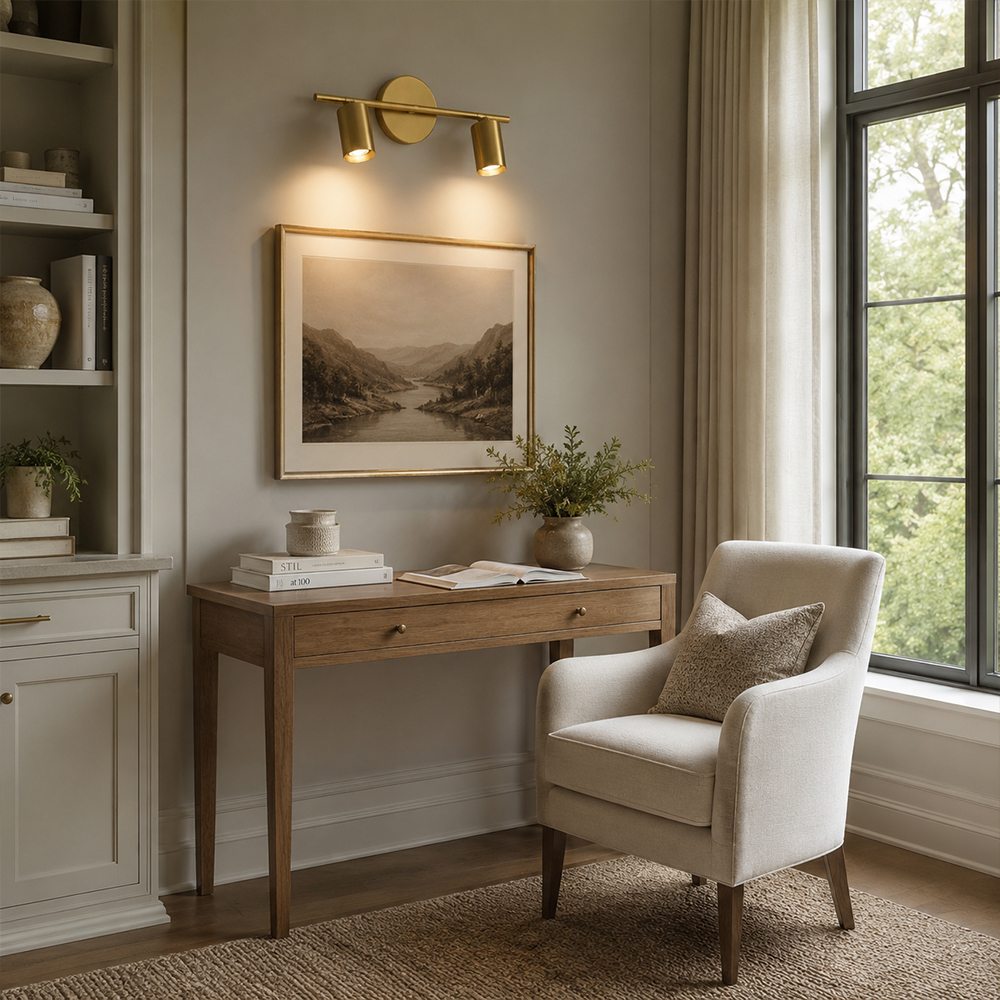Adjustable brass wall sconce illuminating framed artwork